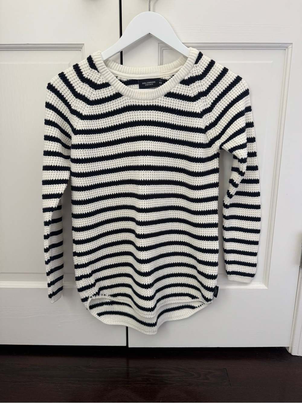 Navy and White Striped Holebrook 100% Cotton Crewneck Sweater